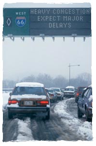 Cars stuck in traffic after a heavy snow