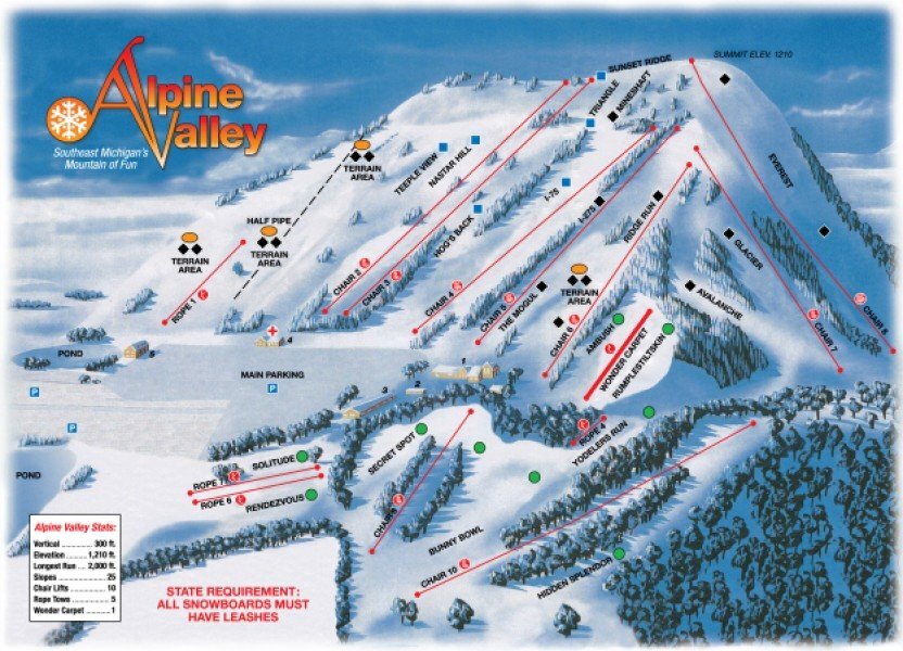 Alpine Valley Ski Area Mapa de pistas y caminos