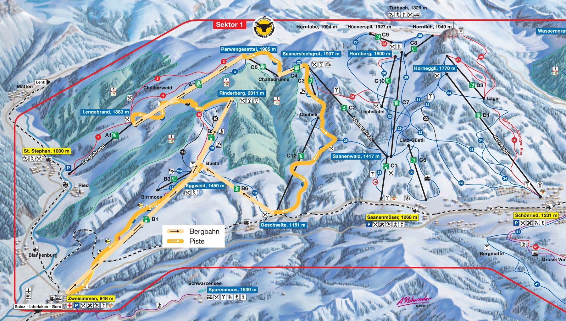 Gstaad/Rinderberg-Saanerslochgrat Piste / Trail Map